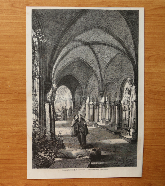 Holzstich Gent 1871 Kreuzgang der Abtei St Bavo Belgien nach H Effenberger